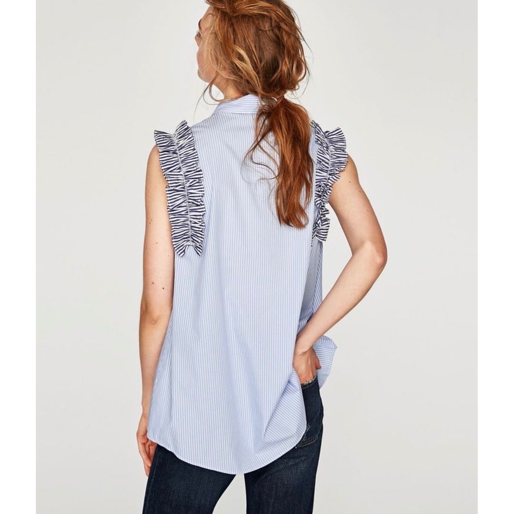 Zara Striped Ruffle‎ Sleeve Top Womens XS Blue White Button Down Preppy Chic